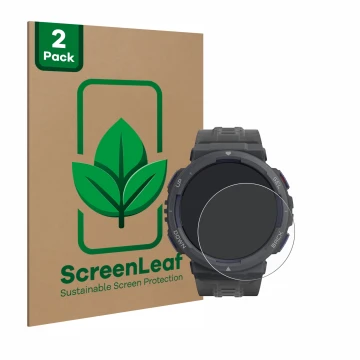 Parte frontal de un envase de producto con el logotipo de la marca ScreenLeaf. Al lado se muestra el dispositivo Amazfit Activ