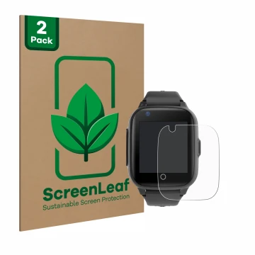 Parte frontal de un envase de producto con el logotipo de la marca ScreenLeaf. Al lado se muestra el dispositivo Leotec Kids A