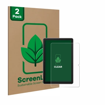 Parte frontal de un envase de producto con el logotipo de la marca ScreenLeaf. Al lado se muestra el dispositivo Blackview Tab