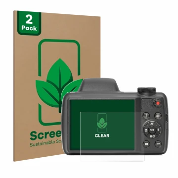 Parte frontal de un envase de producto con el logotipo de la marca ScreenLeaf. Al lado se muestra el dispositivo Kodak Pixpro 