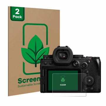 Parte frontal de un envase de producto con el logotipo de la marca ScreenLeaf. Al lado se muestra el dispositivo Panasonic Lum
