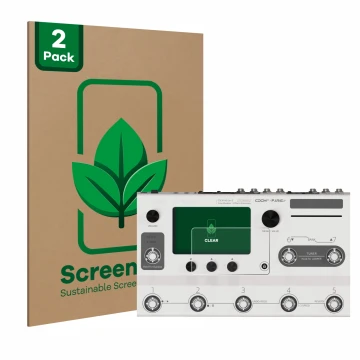 Parte frontal de un envase de producto con el logotipo de la marca ScreenLeaf. Al lado se muestra el dispositivo Hotone Ampero