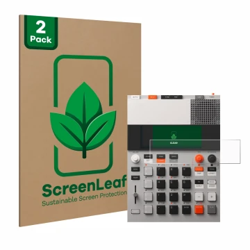 Parte frontal de un envase de producto con el logotipo de la marca ScreenLeaf. Al lado se muestra el dispositivo Teenage Engin