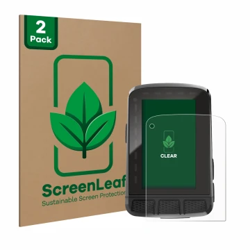 Parte frontal de un envase de producto con el logotipo de la marca ScreenLeaf. Al lado se muestra el dispositivo Wahoo Elemnt 