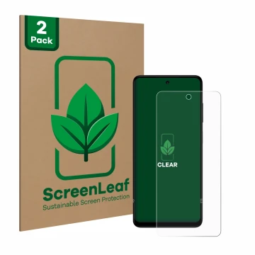 Parte frontal de un envase de producto con el logotipo de la marca ScreenLeaf. Al lado se muestra el dispositivo HMD Pulse Pro