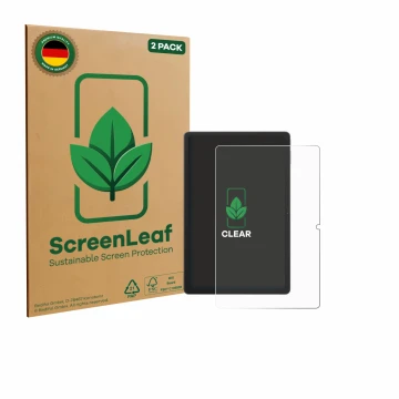 Parte frontal de un envase de producto con el logotipo de la marca ScreenLeaf. Al lado se muestra el dispositivo Blackview Tab
