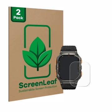 Parte frontal de un envase de producto con el logotipo de la marca ScreenLeaf. Al lado se muestra el dispositivo Kospet Tank M