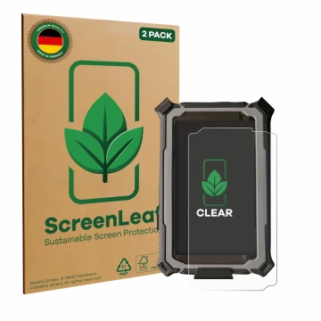 Parte frontal de un envase de producto con el logotipo de la marca ScreenLeaf. Al lado se muestra el dispositivo Carpe Iter Pa