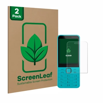 Parte frontal de un envase de producto con el logotipo de la marca ScreenLeaf. Al lado se muestra el dispositivo Nokia 235 4G 