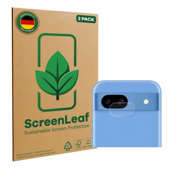 Parte frontal de un envase de producto con el logotipo de la marca ScreenLeaf. Al lado se muestra el dispositivo Google Pixel 