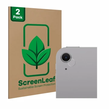 Parte frontal de un envase de producto con el logotipo de la marca ScreenLeaf. Al lado se muestra el dispositivo Apple iPad Ai
