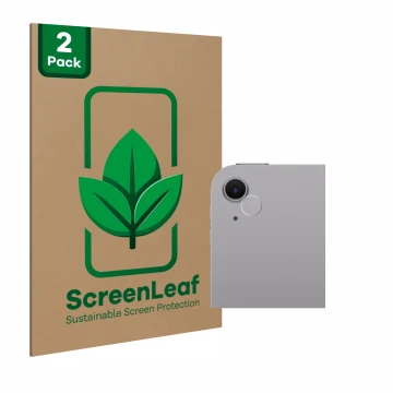 Parte frontal de un envase de producto con el logotipo de la marca ScreenLeaf. Al lado se muestra el dispositivo Apple iPad Ai