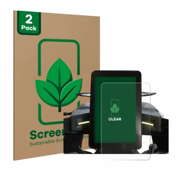 Parte frontal de un envase de producto con el logotipo de la marca ScreenLeaf. Al lado se muestra el dispositivo CFMOTO 800NK 