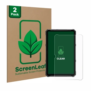Parte frontal de un envase de producto con el logotipo de la marca ScreenLeaf. Al lado se muestra el dispositivo Ulefone Armor