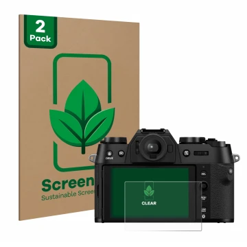 Parte frontal de un envase de producto con el logotipo de la marca ScreenLeaf. Al lado se muestra el dispositivo Fujifilm X-T5