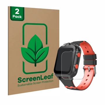 Parte frontal de un envase de producto con el logotipo de la marca ScreenLeaf. Al lado se muestra el dispositivo Yuede Kids Sm