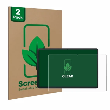 Parte frontal de un envase de producto con el logotipo de la marca ScreenLeaf. Al lado se muestra el dispositivo Blackview Tab