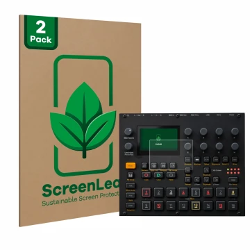 Parte frontal de un envase de producto con el logotipo de la marca ScreenLeaf. Al lado se muestra el dispositivo Elektron Digi