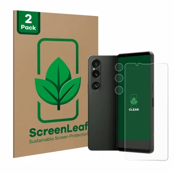 Parte frontal de un envase de producto con el logotipo de la marca ScreenLeaf. Al lado se muestra el dispositivo Sony Xperia 1