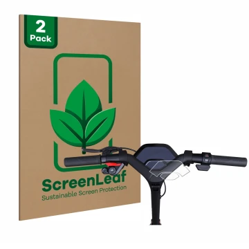 Parte frontal de un envase de producto con el logotipo de la marca ScreenLeaf. Al lado se muestra el dispositivo Segway Ninebo