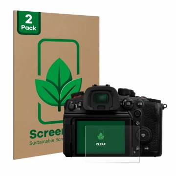 Parte frontal de un envase de producto con el logotipo de la marca ScreenLeaf. Al lado se muestra el dispositivo Panasonic Lum