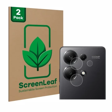 Parte frontal de un envase de producto con el logotipo de la marca ScreenLeaf. Al lado se muestra el dispositivo Xiaomi Redmi 