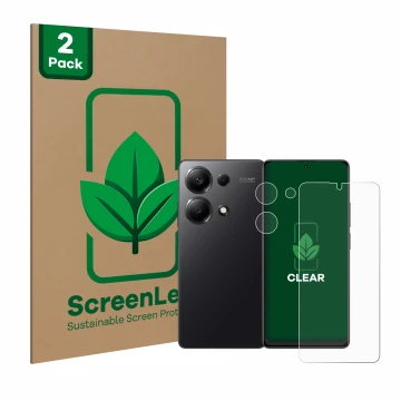 Parte frontal de un envase de producto con el logotipo de la marca ScreenLeaf. Al lado se muestra el dispositivo Xiaomi Redmi 