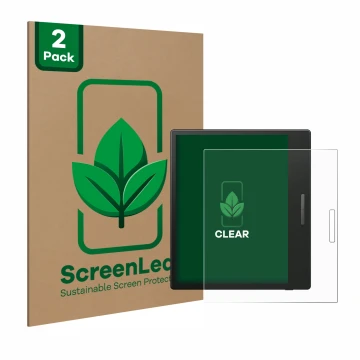 Parte frontal de un envase de producto con el logotipo de la marca ScreenLeaf. Al lado se muestra el dispositivo Boox Go Color