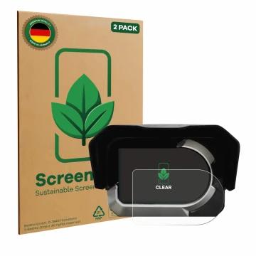 Parte frontal de un envase de producto con el logotipo de la marca ScreenLeaf. Al lado se muestra el dispositivo Kymco CV3 con