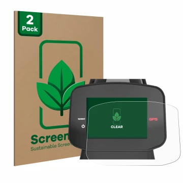Parte frontal de un envase de producto con el logotipo de la marca ScreenLeaf. Al lado se muestra el dispositivo PowaKaddy FX7