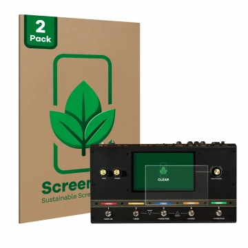Parte frontal de un envase de producto con el logotipo de la marca ScreenLeaf. Al lado se muestra el dispositivo Headrush Core