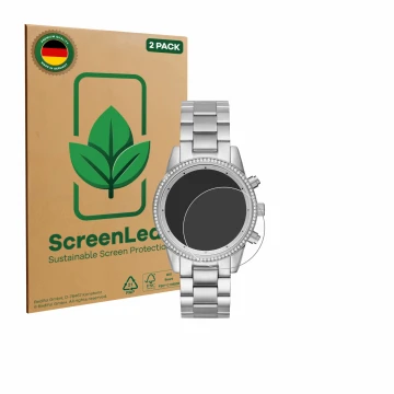 Parte frontal de un envase de producto con el logotipo de la marca ScreenLeaf. Al lado se muestra el dispositivo Michael Kors 