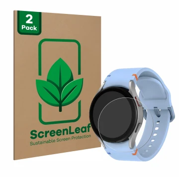 Parte frontal de un envase de producto con el logotipo de la marca ScreenLeaf. Al lado se muestra el dispositivo Samsung Galax