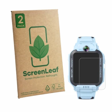 Parte frontal de un envase de producto con el logotipo de la marca ScreenLeaf. Al lado se muestra el dispositivo Imoo Watch Ph