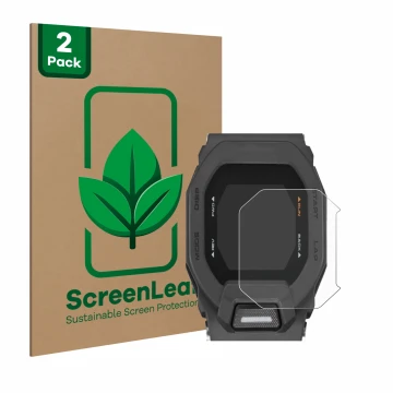Parte frontal de un envase de producto con el logotipo de la marca ScreenLeaf. Al lado se muestra el dispositivo Casio G-Shock