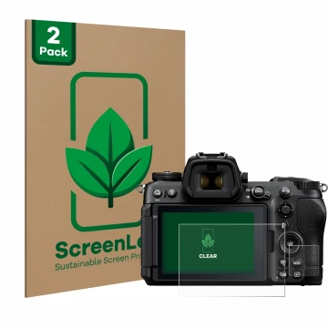 Parte frontal de un envase de producto con el logotipo de la marca ScreenLeaf. Al lado se muestra el dispositivo Nikon Z6 III 
