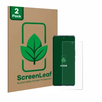 Parte frontal de un envase de producto con el logotipo de la marca ScreenLeaf. Al lado se muestra el dispositivo HTC U24 Pro c