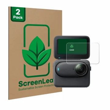 Parte frontal de un envase de producto con el logotipo de la marca ScreenLeaf. Al lado se muestra el dispositivo Insta360 Go 3