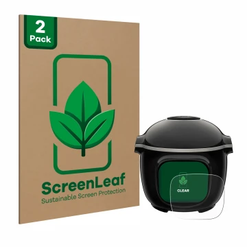 Parte frontal de un envase de producto con el logotipo de la marca ScreenLeaf. Al lado se muestra el dispositivo Moulinex Cook