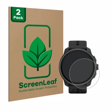 Parte frontal de un envase de producto con el logotipo de la marca ScreenLeaf. Al lado se muestra el dispositivo Suunto Race S