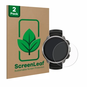 Parte frontal de un envase de producto con el logotipo de la marca ScreenLeaf. Al lado se muestra el dispositivo Suunto Ocean 