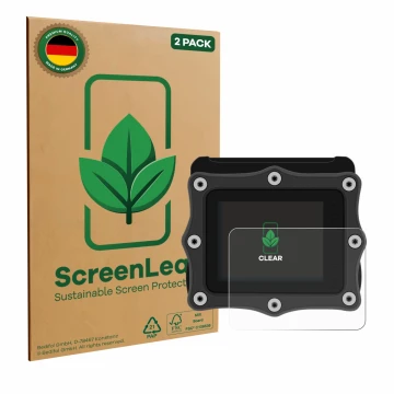 Parte frontal de un envase de producto con el logotipo de la marca ScreenLeaf. Al lado se muestra el dispositivo Shearwater Pe