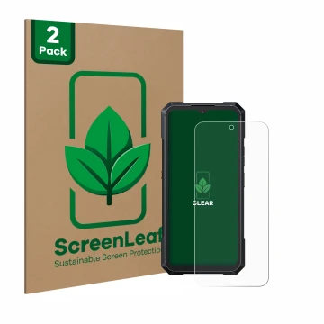 Parte frontal de un envase de producto con el logotipo de la marca ScreenLeaf. Al lado se muestra el dispositivo Cubot King Ko