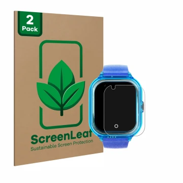 Parte frontal de un envase de producto con el logotipo de la marca ScreenLeaf. Al lado se muestra el dispositivo SaveFamily En