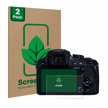 Parte frontal de un envase de producto con el logotipo de la marca ScreenLeaf. Al lado se muestra el dispositivo Panasonic Lum