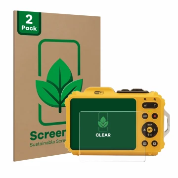 Parte frontal de un envase de producto con el logotipo de la marca ScreenLeaf. Al lado se muestra el dispositivo Kodak Pixpro 