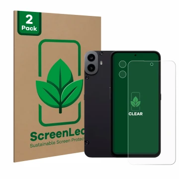 Parte frontal de un envase de producto con el logotipo de la marca ScreenLeaf. Al lado se muestra el dispositivo Nothing CMF P