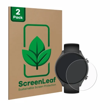Parte frontal de un envase de producto con el logotipo de la marca ScreenLeaf. Al lado se muestra el dispositivo OnePlus watch