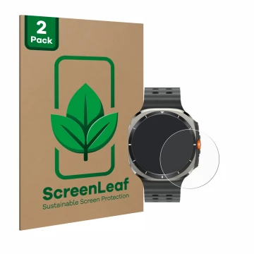 Parte frontal de un envase de producto con el logotipo de la marca ScreenLeaf. Al lado se muestra el dispositivo Samsung Galax