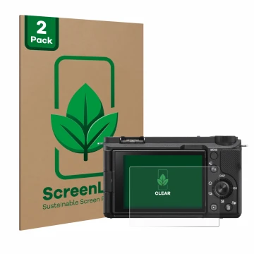 Parte frontal de un envase de producto con el logotipo de la marca ScreenLeaf. Al lado se muestra el dispositivo Sony Alpha ZV